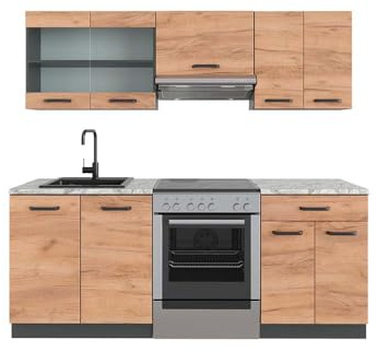 Vicco Küchenzeile R-Line, Goldkraft Eiche/Anthrazit, 200 cm | 5 Module · Höhenverstellbare Füße · AP Marmor inkl. · Robuste Fronten · Mit Glasschrank · Frei kombinierbar