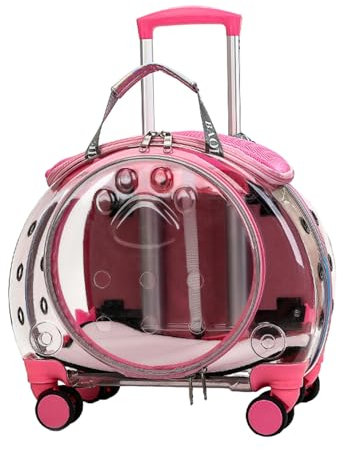 Katzentragetasche mit leisen Rädern, Rolltasche für Haustiere mit transparenten Belüftungslöchern, tragbarer Hunderucksack, Reisetragersitz für Katzen/Hunde, Haustier-Trolley-Tasche für Reisen, Rosa