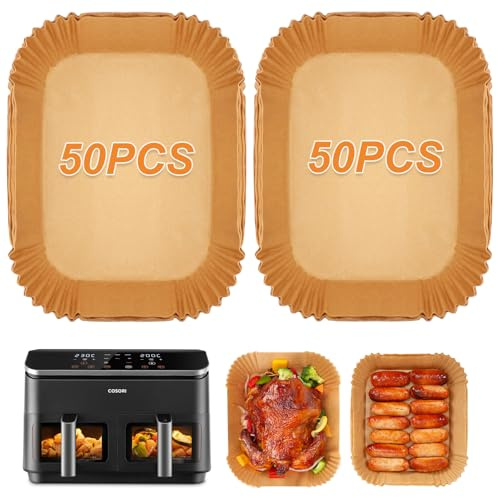 BYKITCHEN Heißluftfritteuse Backpapier für COSORI Dual Zone 8,5L, 100 Stück | Für COSORI CAF-R901-AEU auch für Ninja AF500EU Dual Zone, Airfryer Zubehör für Heißluftfritteusen mit zwei Kammern