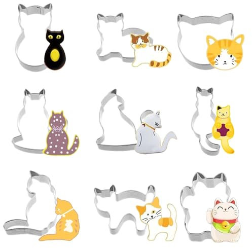 9Stk Edelstahl Ausstechformen Set, Sanwich Gemüse Obst Ausstecher, Ausstecher Katze, Tiere Form Gemüseschneider für Katze Themed Party