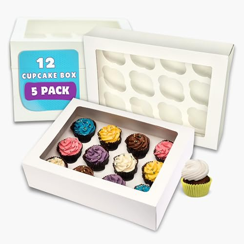 PACK N TRADE 5 Pcs cupcake boxes 12 hole - Removable Inserts Deep cake boxes for cupcakes – White cup cake boxes (33 x 24.2 x 7.5 cm) with Clear Window - Ideal for Muffins, Cupcakes