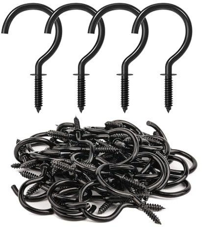 Jeowoqao 50 Pcs Black Cup Hooks, 1-1/4 Inch Metal Heavy Duty Wood Wall Ceiling Hooks for Mugs, Plants, Baskets, Lights, Wreaths - Indoor Outdoor Use