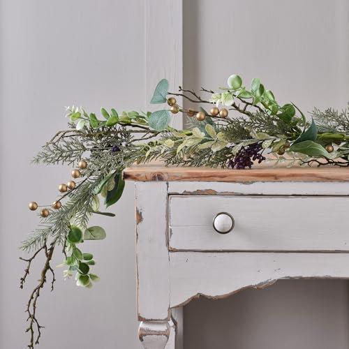 Lights4fun Ghirlanda Natalizia con Fogliame e Bacche Dorate da 1,5 m Decorazione da Tavolo Mensola Sopra il Camino Decorazione di Natale per Interni