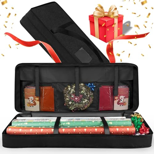 CHRI Förvaringsbox för presentpapper 82 × 34 × 12 cm, presentpapper, förvaringsväska för upp till 24 rullar, 600D Oxford, med nätfickor, remmar och dragkedja, svart