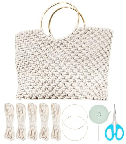 WEBEEDY Macrame Taschen Kits DIY Handgemachtes Makramee Taschen Kit Mit Griff Baumwollseil Und Anleitung Bohemian Taschenbastelset Für Erwachsene Anfänger Mit Video Tutorial (Beige,35x40cm)