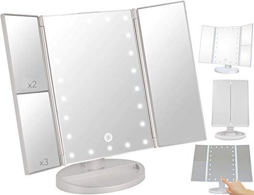 LED Table Makeup Mirror with Lights, 1x/2x/3x Magnification, Touch Screen Adjustable Brightness, 180° Rotation, Dual Power Supply, Portable Vanity Mirror for Dressing Table