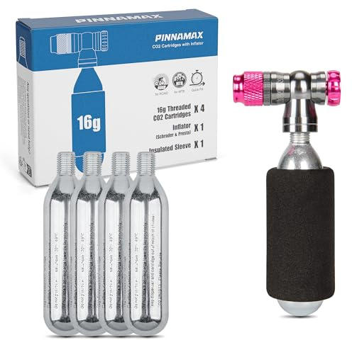 PINNAMAX CO₂ Cykelpump Set – CO₂-inflator med 16g/25g CO₂-kartuscher – Kompatibel med Presta & Schrader Ventiler – Perfekt för Landsvägscyklar & MTB (Inflator 4x16g)