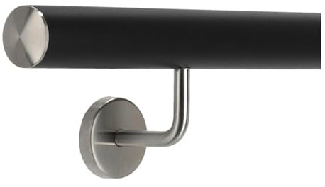 TIBU Pasamanos de aluminio negro 30 – 600 cm, pasamanos de pared para escaleras soporte de acero inoxidable en ángulo, longitud 60 cm con 2 soportes y tapa ligeramente curvada