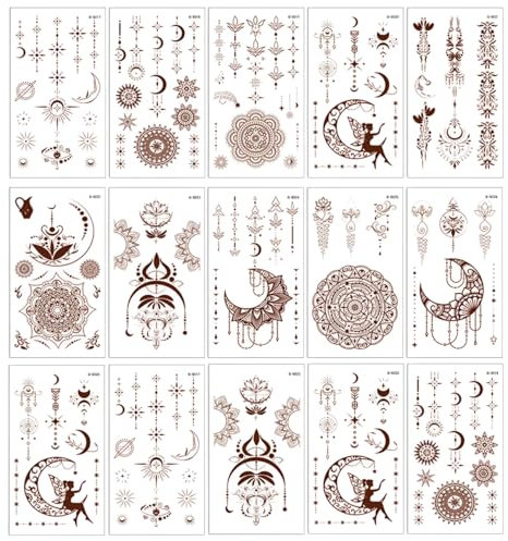 ElevaPulse Henna Tattoo Set - 15 Blätter Temporäre Mehndi Tattoos, Henna Braun Sommersprossen, Arme und Gesicht, Ideal für Festivals, Hochzeiten und Partys