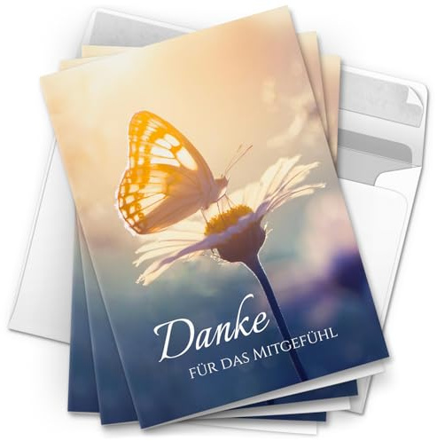 Danksagungskarten Trauer – 10 Klappkarten mit Umschlägen – Motiv: Schmetterling – Trauerkarten Danksagung mit Text – Dankeskarten Trauer nach Beerdigung