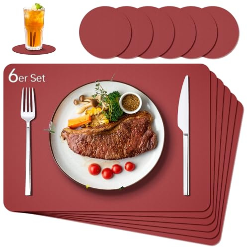 IKWOLETI Tischsets Abwaschbar mit Untersetzer - 6er Set Platzsets Abwaschbar aus Kunstleder - Doppelseitige Platzdeckchen in Lederoptik - Ideal für Küche und Büro Bordeaux