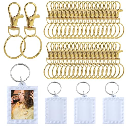 100 Pièces Mousqueton Porte Clef Métal，Anneaux Porte Clé，Mousqueton Pivotant Keychain, Avec boîte en plastique et 4 porte-clés Pour le bricolage - Doré