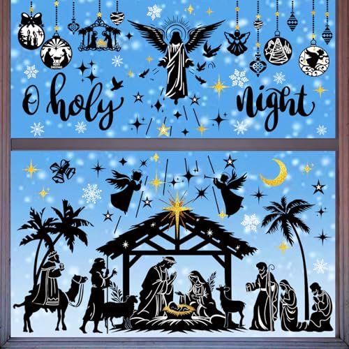 wondever Pegatinas de Ventana Nacimiento de Jesús Pegatinas de Anticolisión | Escena de Natividad Pesebre Calcomanías de Ventana Doble Cara Decoración Navidad para Vidrio