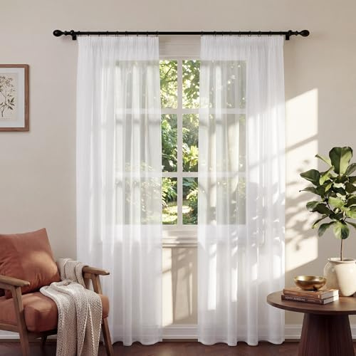 PONY DANCE White Window Net Curtains - 55x84 inches Pencil Pleat Elegant Voile Panels, Semi Transparent White Sheer Curtains for Bedroom/French Door Light Filtering, Set of 2