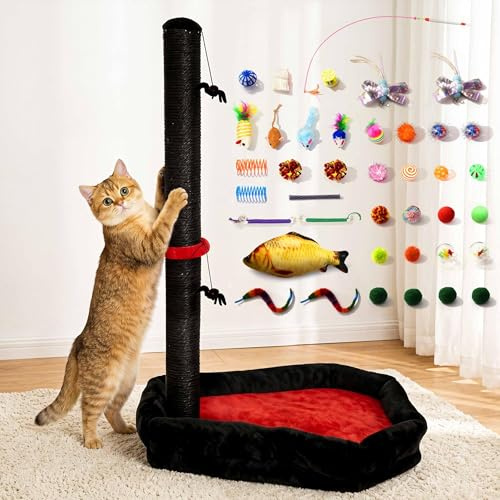 Gothic Cat Scratching Post with 40 Pcs Halloween Cat Toys, Gothic Cat Tree | 34 Tall Cat Scratching Posts for Indoor Cats Adults, Cute Cat Scratch Post with Spider Toys
