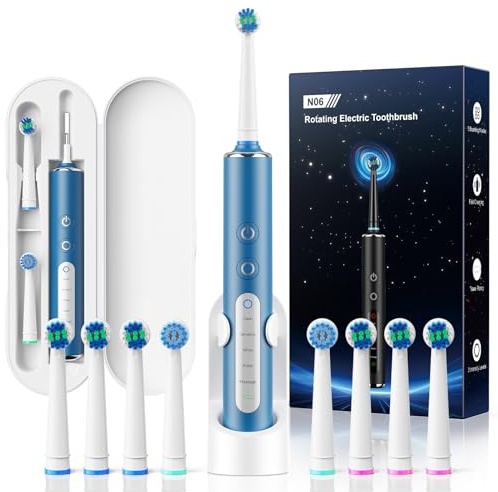 Brosse à Dents Électrique Rotative Pour Adultes et Enfant, 3 Intensités 5 Modes, Brosse à Dent Électrique avec 8 Têtes de Brosse, Étui de Voyage, Étanche IPX7, Batterie 120 Jours (Bleu Marine)