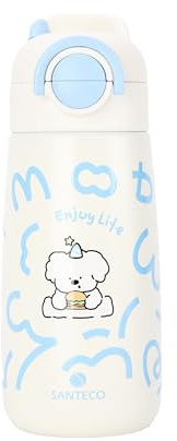 SANTECO Kinder Thermosflasche 500ml, Edelstahl 316L, Auslaufsicher, BPA-frei, Isoliert, Strohhalm, für Schule & Ausflüge