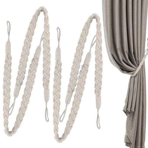 4PCS Natural Cotton Rope Curtain Tiebacks, Hand Knitting Curtains Tied Rope Tie Backs, Boho Style Decorative Drape Tie, Soft Rope Curtain Holdbacks for Home and Office Drapery(Beige)