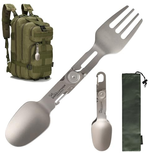 Gnaxyzthor Titane Camping Cuillère Fourchette, Titane Ultra Légère Réutilisable Cuillère et Fourchette Pliantes 2 en 1 Équipement et Accessoires de Cuisine pour Le Camping, Idéal pour Les Randonneurs