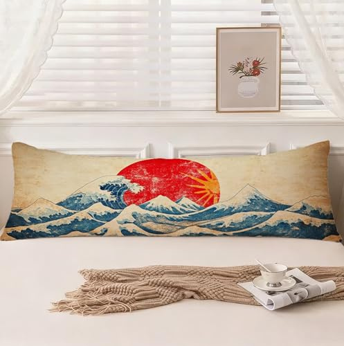 Housse Traversin 180 cm style japonais Taie d'oreiller 60 x 180, Housse de Coussin Flots Taie de Traversin Super Doux Velour Protège Oreiller, Double Face Impression Oreiller pour Lit Canapé,Model1599