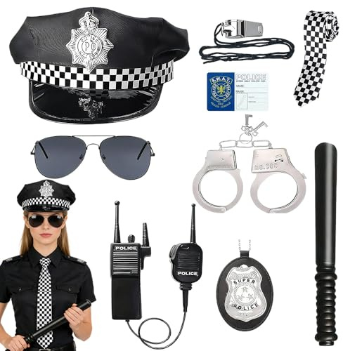 9 Stück Polizei Kostüm Zubehör, Polizei Kostüm Set, Polizei-Zubehör Mit Handschellen Kinder, Polizeimütze, Walkie, Talkies, Abzeichen, Baton, Pfeife, Brille, Polizeidienstausweis Für Karneval Cosplay