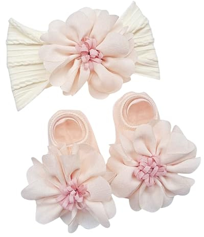 SOVYTH 1 pezzo Fascia per Bambina con Fiori & 1 x Calzini Anti-Scadimento, Accessori Capelli Morbidi & Calzini Bassi per Neonato, Neonata, Bambino