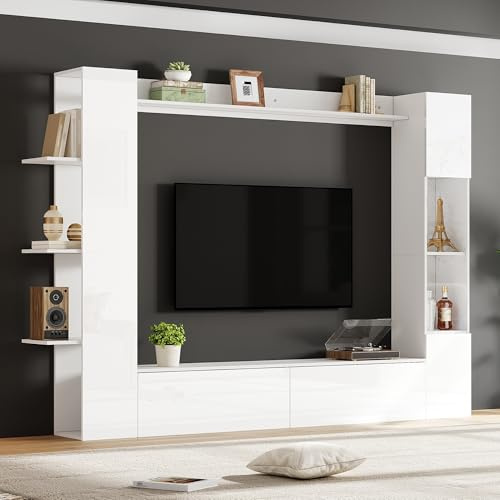 FammyLoft TV-Schrank 4-St 245cm mit 4 Türen, TV-Lowboard Stehend mit Doppelseitige Aufbewahrung, Fernsehtisch mit Offenen Regalen, TV Stand, Fernsehschrank, TV-Board, TV-Kommode, Weiß