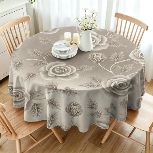 Vintage Rose Abwaschbar Tischdecke Rund 140, Neutral Botanisch Tischtuch aus Polyester Wasserabweisend mit Lotuseffekt, Retro Blumen Deko Tischwäsche, K-852