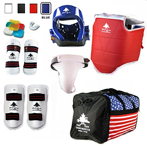 Pine Tree Complete Vinyl Martial Arts Sparring Gear Set with Bag, Shin, & Groin, Medium Blue Headgear, Medium Other Gears Female