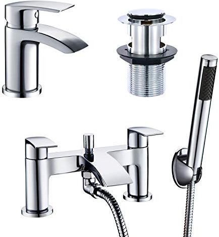 Hapilife Basin and Bath Mixer Taps with Shower Attachment Set Slotted Pop up Waste Waterfall Bathroom Sink Taps Cloakroom Bathtub Tub Filler Tap Mixers Monobloc Chrome Brass Bathroom Tap Set