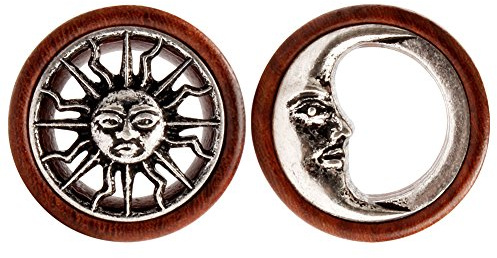 KUBOOZ Nueva Tribal Sol y Luna Orgánica Natural de Madera Túneles de Carne Doble acampanada Ear Ensanchador Saddle Plug