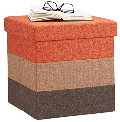 Relaxdays Polster Hocker mit Stauraum, gestreifter Sitzhocker, faltbarer Polsterhocker HBT 38 x 38 x 38 cm, orange-braun