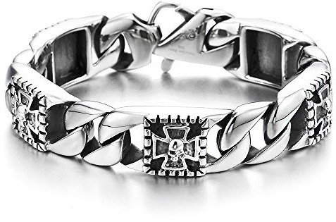 Herren Edelstahl Panzerkette Armband mit Kreuz und Schädel, Biker Gotik, Vintage Poliert