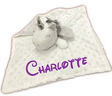 KIDDI-MEDIA Baby Kuscheltuch mit Namen Bestickt (kein Druck) / wunderschöne 3D Motive zur Auswahl - ideal als Schnuffeltuch und Trösterchen (Einhorn/Weiss-Grau)