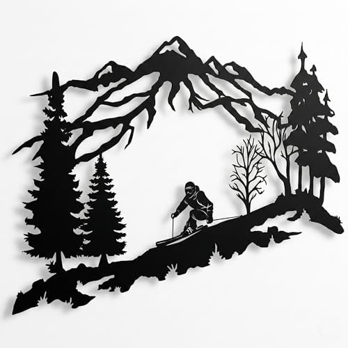 Dekadron Wandkunst, Skifahrer, Metall, Wandkunst, Berge und Bäume, Wanddekoration, Geschenk für Skiliebhaber (60 x 38 cm)