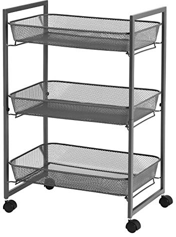 SONGMICS Rollwagen, Haushaltswagen, Badezimmerregal, Küchenregal, Nischenregal mit 3 Gitterkörben, platzsparend, einfacher Aufbau, Küche, Büro, Badezimmer, Wohnzimmer, grau BSC061G01