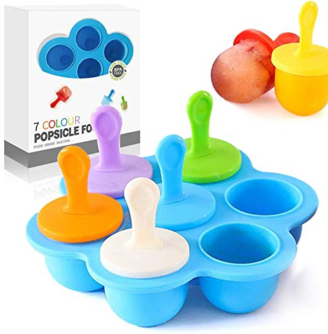 Eisformen Silikon,Eisformen Kinder,7 Mulden Eisform mit Kunststoffstäbchen,Eis am Stiel Formen,Kleine Eisbehälter,Eis Formen für Stieleis,Stieleisformer BPA Frei (Blau)
