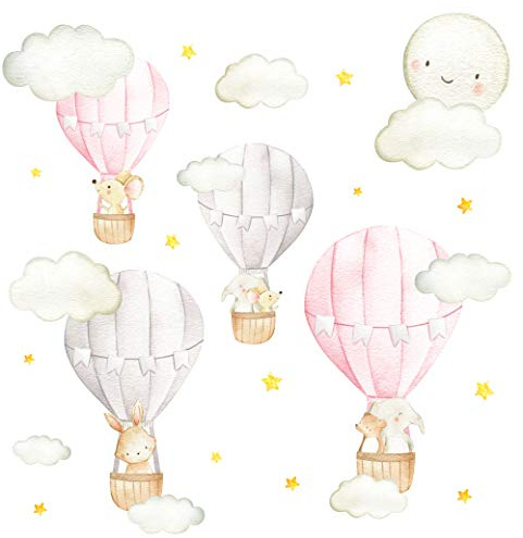 Pandawal Wandtattoo Kinderzimmer Heißluftballon mit Wolken, Sterne und Tiere Wandaufkleber Mädchen Deko Babyzimmer Wandbilder Wanddeko Rosa (M)