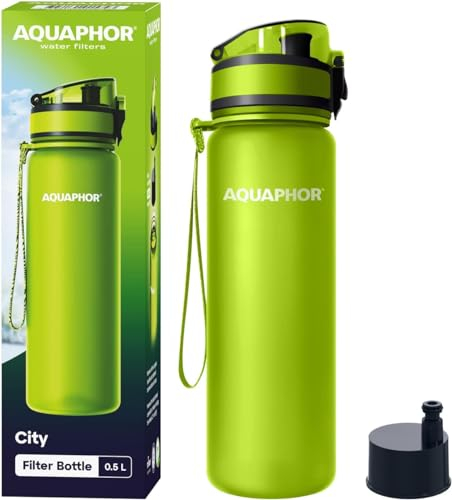 AQUAPHOR City Filterflasche 500ml Grün I Flasche mit Wasserfilter für unterwegs I Filter mit Aktivkohle I Filtert Chlor I Aus Tritan & BPA-frei I Für besseren Geschmack & Geruch des Wassers
