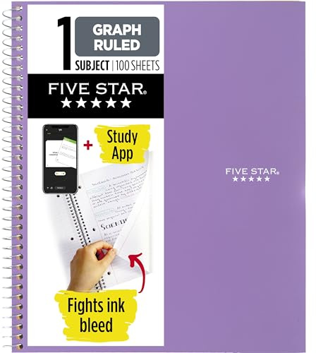 Five Star Spiral Notebook + Study App, 1 Subject, Graph Ruled Paper, 8-1/2 x 11, 100 Sheets, Fights Ink Bleed, Water Resistant Cover, Amethyst Purple (620000CF1)