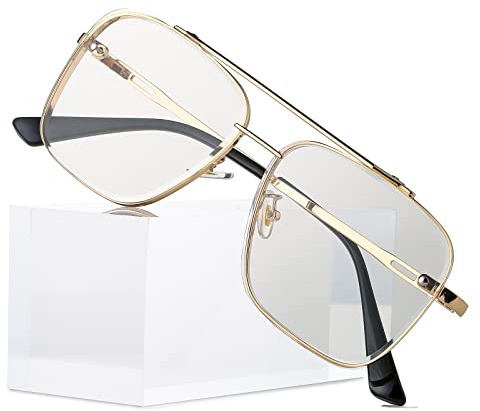Breaksun Oversized Square Aviator Sunglasses for Men Women Fashion Metal Frame Aviator Sun Glasses Tinted Lens (Gold/Transparent)