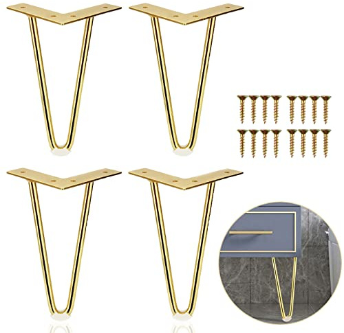 LOLYSIC Goldfarbene Haarnadel-Beine, 20 cm, Haarnadel, Tischbeine, für Möbel, Tischfüße, Beine für Couchtisch, Stuhl, Schrank, Sofa, TV-Ständer, mit Bodenschutz und Schrauben, 4 Stück