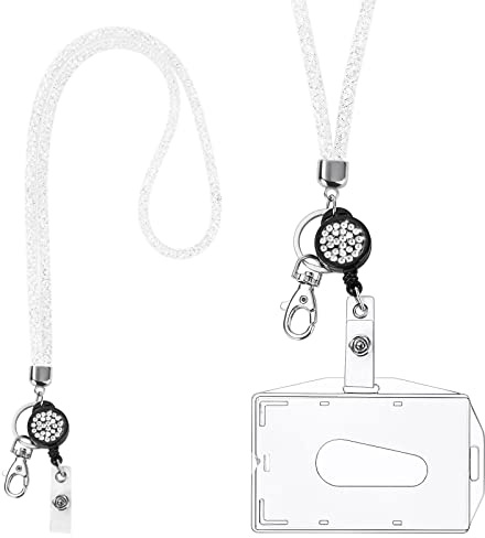 Vicloon Lanière Collier En Cristal,Porte-Clés Bling Porte-Badges Transparent avec Lanière en Cristal Rétractable Pour Cartes d'Identité,pour Carte de Visite, Carte Bus (Blanc Pur)