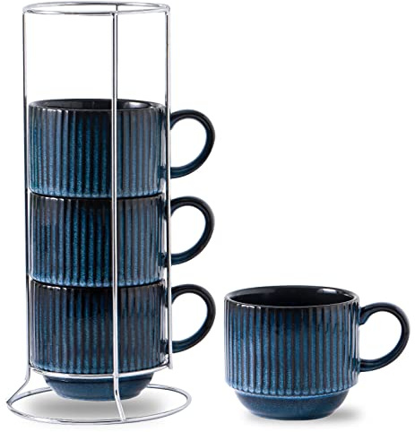 HASENSE Juego de 4 tazas de café apilables acanaladas de 15 onzas, tazas de café de cerámica con soporte de metal, aptas para lavavajillas y microondas, azul marino para té de capuchino, cacao