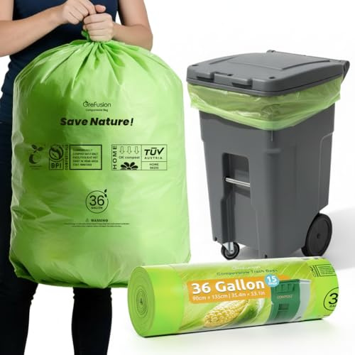 GreFusion Compostable 36 gallon Trash Bags, Extra Thick 1.28 Mills, Compost 36 Gal Trash Bags (Kitchen Tall Garbage Bags), Compostable Lawn & Leaf Yard Waste bags,ASTM D6400,Bpi Certified