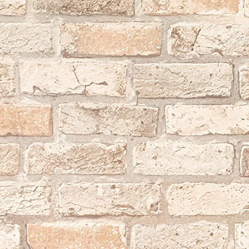 SOPHIE LAURENCE Brick Wall Effect Wallpaper - Brown Grey Realistic Rustic Textured Stone - 3D Effect Solid Thick Heavy Duty Designer Textured Wallpaper