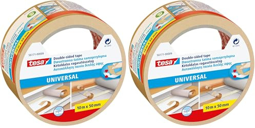 Tesa Ruban Adhésif Double Face Universel - Ruban Adhésif Polyvalent pour la Fixation de Tapis, pour les Travaux Manuels et la Décoration Intérieure - 10 m x 50 mm (Lot de 2)