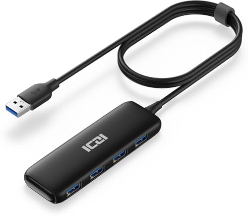 ICZI HUB USB 3.0 5 Ports（avec Prise d'alimentation）,Ultra-Fin avec câble étendu de 120cm/4ft - Hub USB 3.0 pour Macbook, iMac, Surface Pro, XPS, Notebook PC, clés USB, disques durs externes, etc