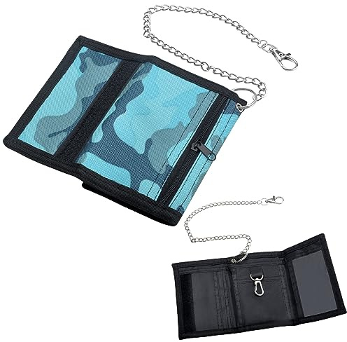 DAWRIS Geldbeutel Kinder Slim Geldbörse Jungen Camo Blau Portmonee Kinder mit Kette Clip Reißverschluss Faltbare Dreifache Kinder Portemonnaie Kindergeldbeutel Jungs Wallet für Teenager Jungen Herren
