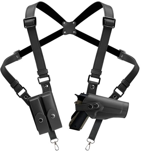 Shoulder Holster General Horizontal Gun Holster Adjustable PU Leather for Concealed Carry with Double Magazine Pouch - Fit 1911, Glock 17/19/23 and Most Kinds of Pistols- for Right Hand use
